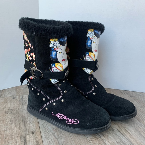 Ed Hardy Shoes - Ed Hardy Geisha Kiss Of Death Black Lined Boots - size 10